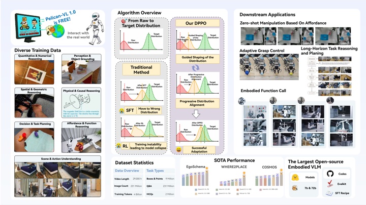 Pelican-VL 1.0 training data, DPPO algorithm and downstream applications